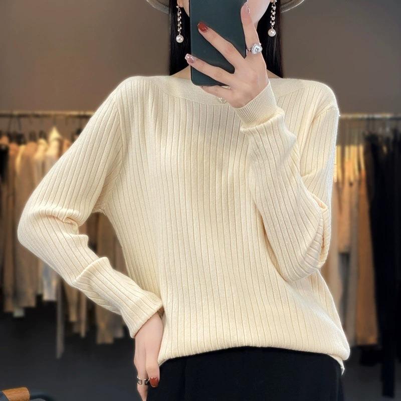 

Тонкий свитер свободного кроя женский осенне-зимний с открытыми плечами, длинным рукавом, вязаный базовый топ M бежевый