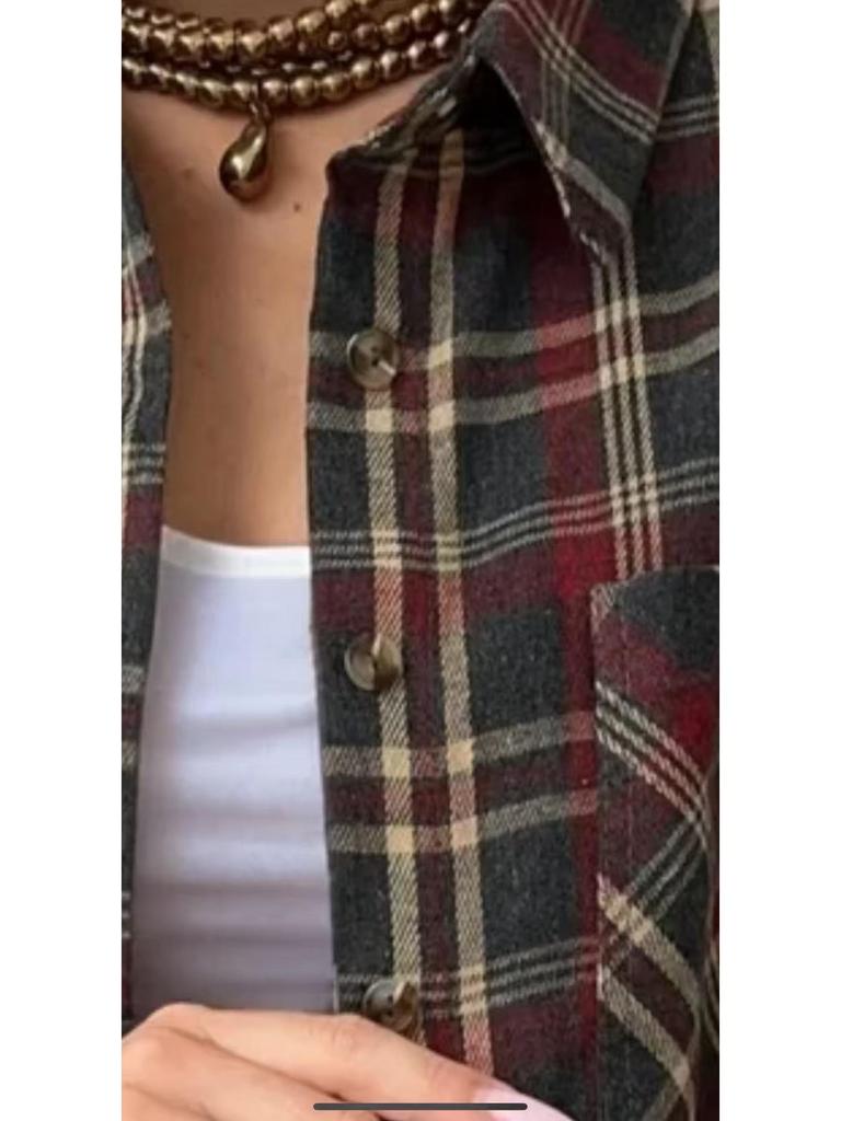 2026 Retro Plaid Women's Loose Long Sleeve Shirt with Turn-down Collar