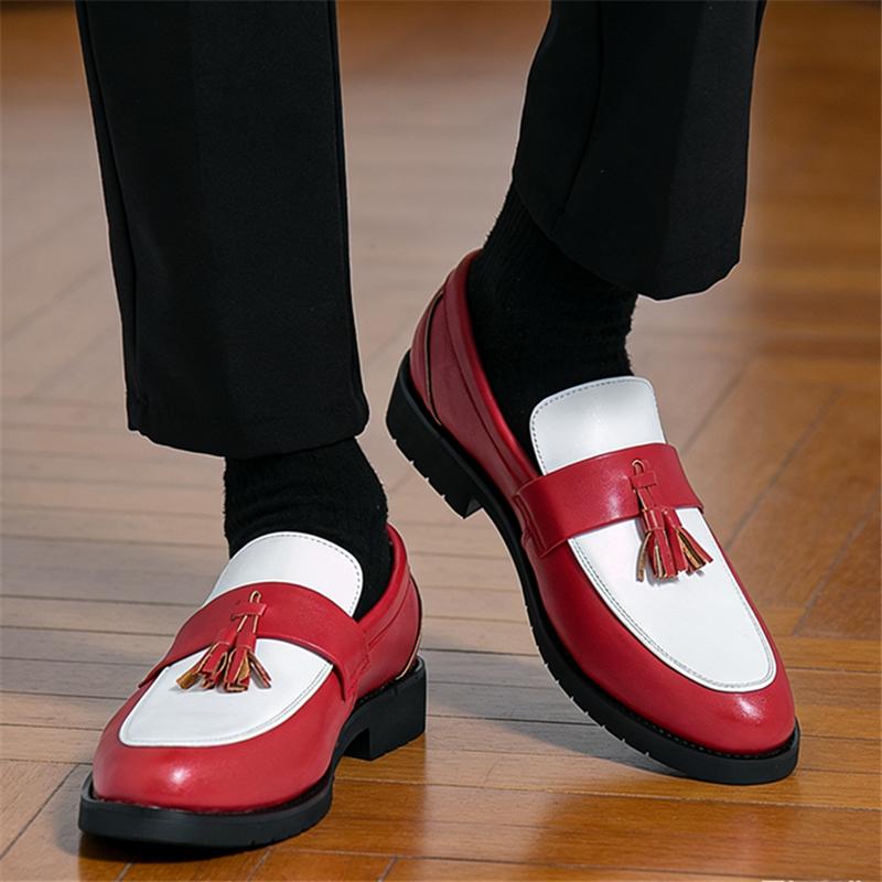 New Pointed Whie Black Red Mixed Tassels Wedding Formal Leather Shoes for Men Casual Platform Loafers Homecoming Dress Footwear