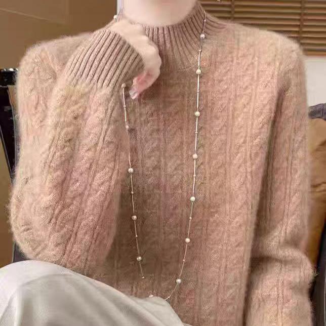 Cashmere Sweater Women's Half Turtleneck Knitted Sweater Casual Pullover Thickened Knitted Sweater with Loose Solid Color Base Layer