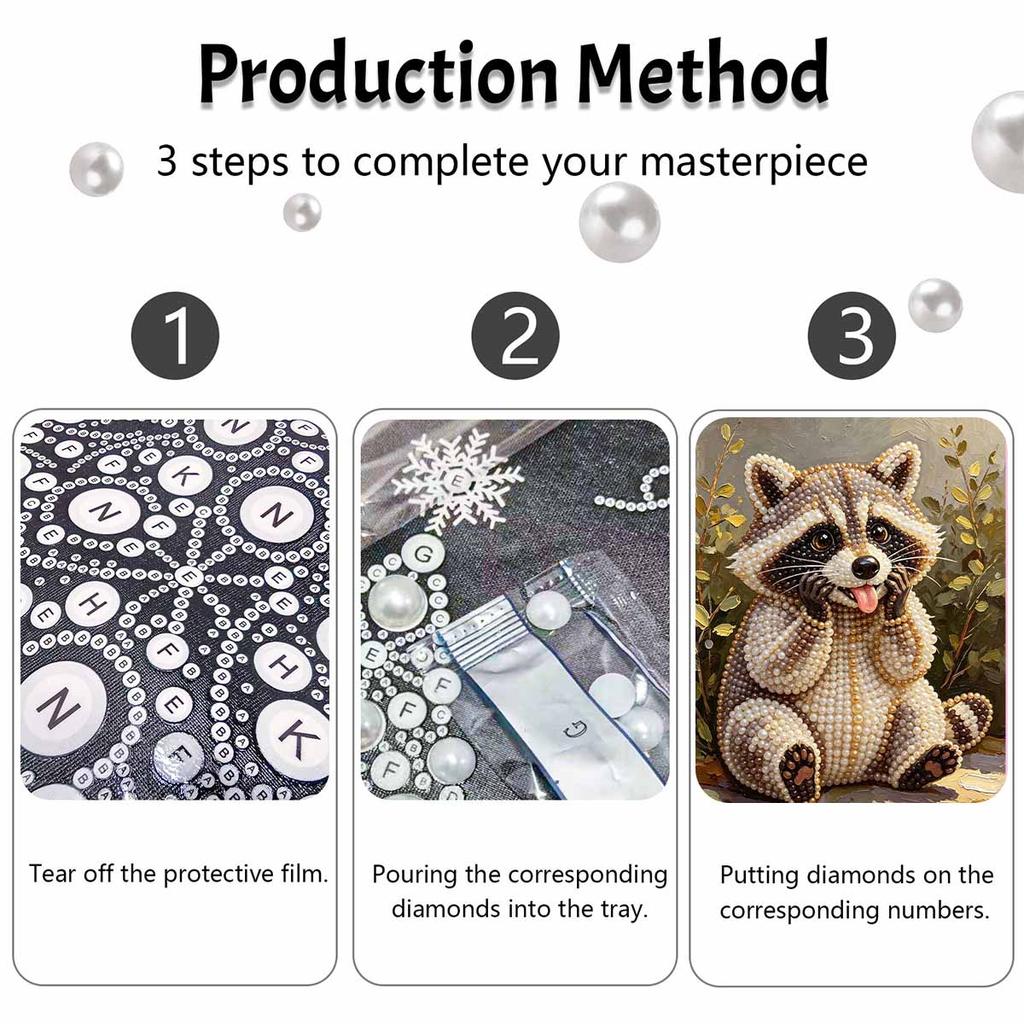 Sparkling Pearl Painting On Stretched Frame Cute Baby Raccoon DIY Bead Art Canvas Relaxing Hobby Gift for Craft Lovers Creative Wall Decor Art