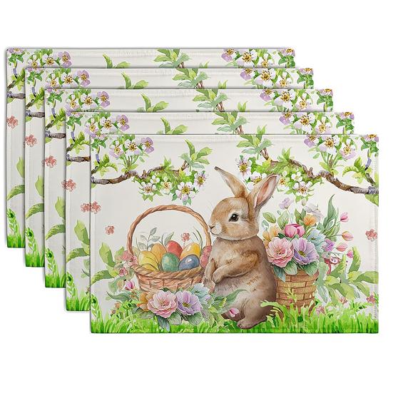 

5Pcs Floral Linen Placemats Cute Bunny Hummingbird Farmhouse Placemats Machine Washable Table Protection Mats for Home Dining Wedding Party