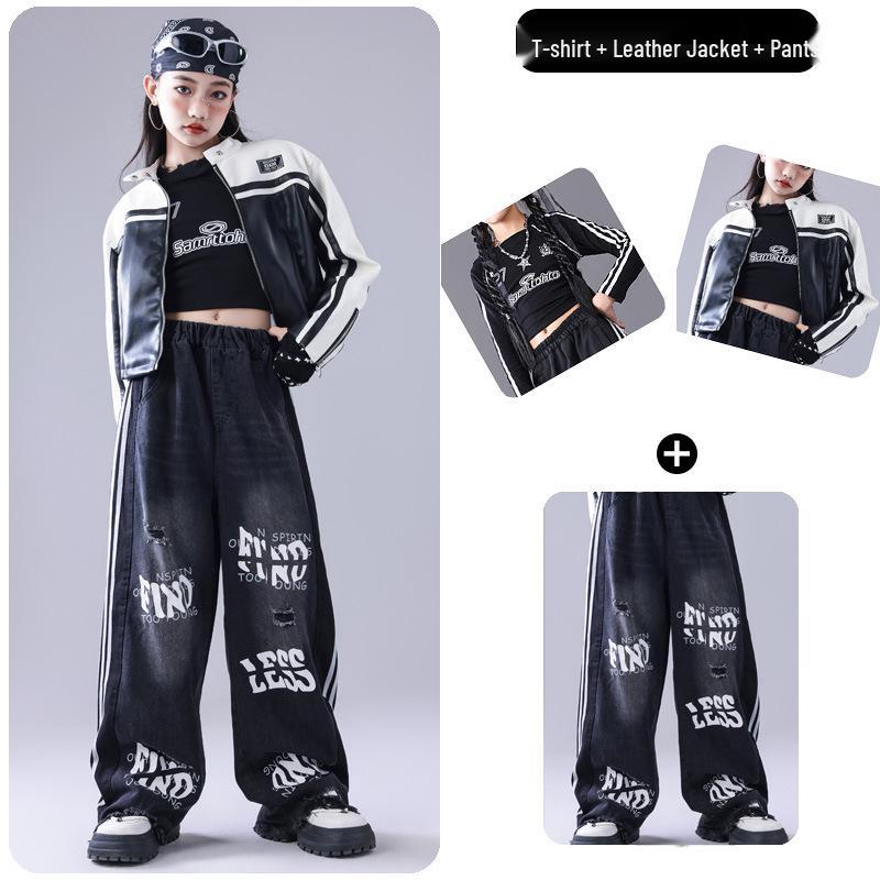 Neujahr Kinder Hip Hop Tanz Outfit - Amerikanische Trendige Lederjacke & Performance Set