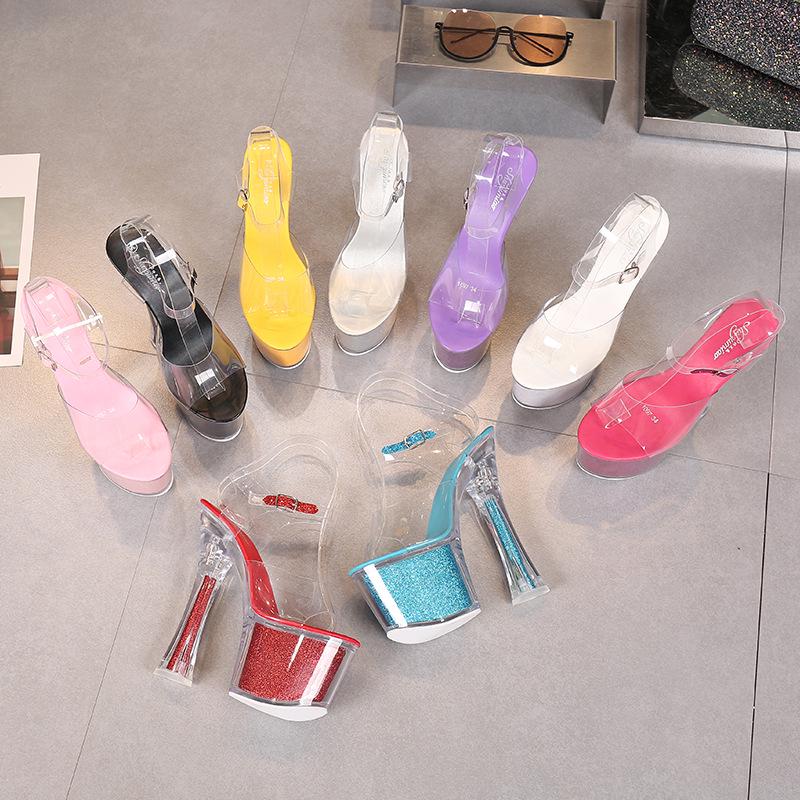 Nightclub Car Model-Inspired Super High Heels - Thick Heel Waterproof Table Sandals with Transparent Crystal Design