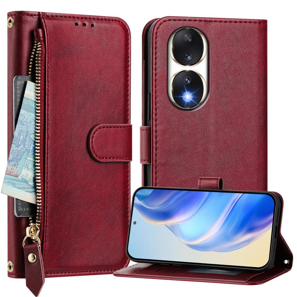 Leather Flip Zipper Wallet Case for Honor 400 Smart 200 90 80 70 60 20 9X, Kickstand Strap Protective Phone Cover