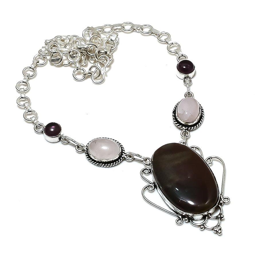 Natural Black Onyx, Quartz 925 Sterling Silver Jewelry Necklace 18" ASN-6115