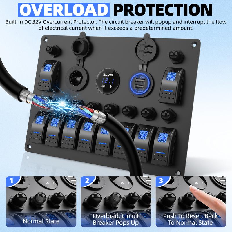 10 Gang Switch Panel Waterproof Boat Rocker Switch Panel With 4.2A Daul USB Socket + 12V Voltmeter+Cigarette Lighter Socket