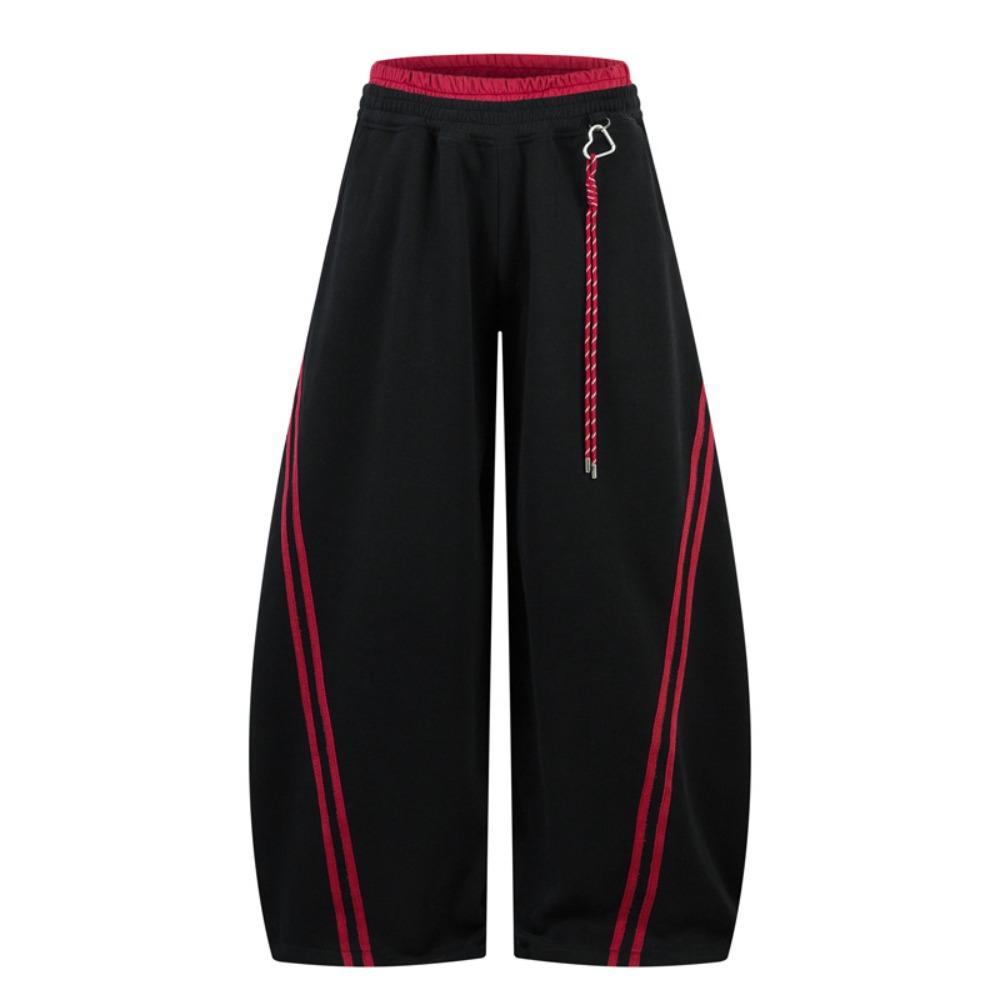 Dámské elastické vysokopásé barrel tepláky volné široké nohavice červený pruh kontrastní stahovací šňůrka pytlovité ležérní joggery na jaro Streetwear