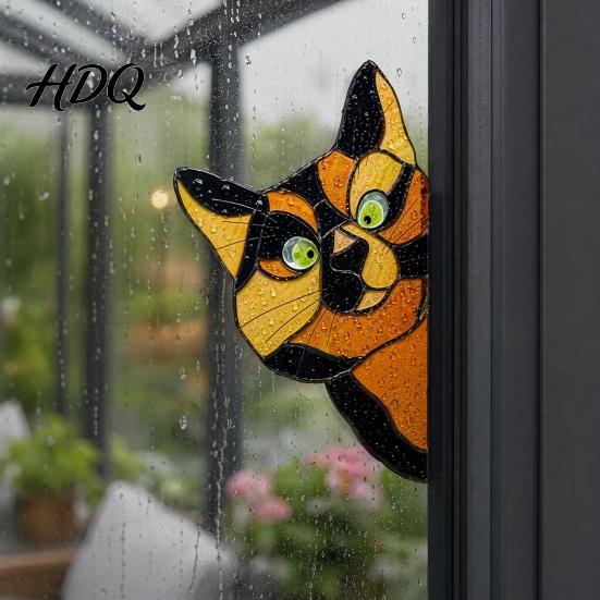Sunlight Catching Cat Sticker Stained Glass Window Cling Vintage Colorful Kitty Decal Removable Static Cling for Door Wall Car UV-Resistant