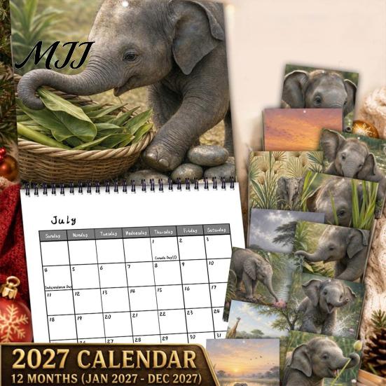 Cute Baby Elephant Decor 2027 Wall Calendar, Hanging Natural Year Round Planning Tool Wild Animal Monthly Planner for Office, Home, Gift Wildlife