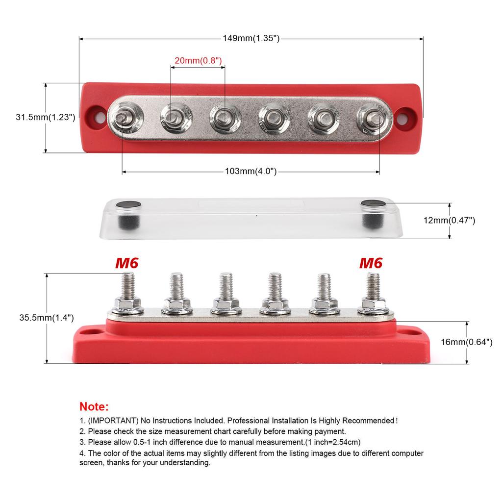 150A Power Distribution Block 48V Bus Bar Terminal Block 6 x M6 Terminal Studs Marine Bus Bar with Cover For Car Truck