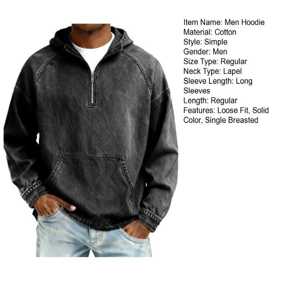 Men Hoodie Long Sleeve Half-Zipper Stand Collar Front Pocket Pullover Sweatshirt Solid Color Hooded Tops Sports School Streetwear