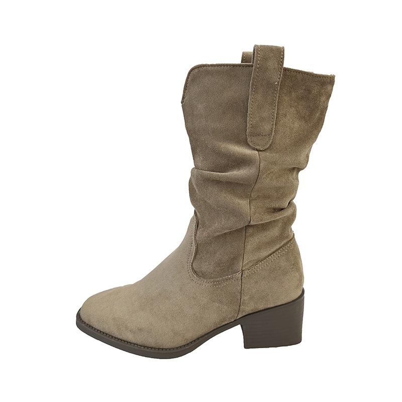 Vintage Suede Khaki Medium and High Boots Western Boots Women's Boots 2025 Early Autumn New Thick Heel Pointed Pile Boots