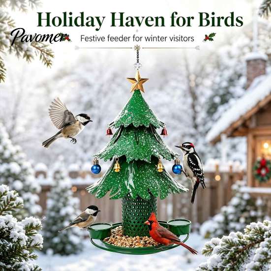 All Weather Rust Proof Bird Feeder Christmas Tree for Outdoor, Metal Hanging Wild with 2 Water Cups, Green Xmas Seeds Tray Garden Patio Outside Decor