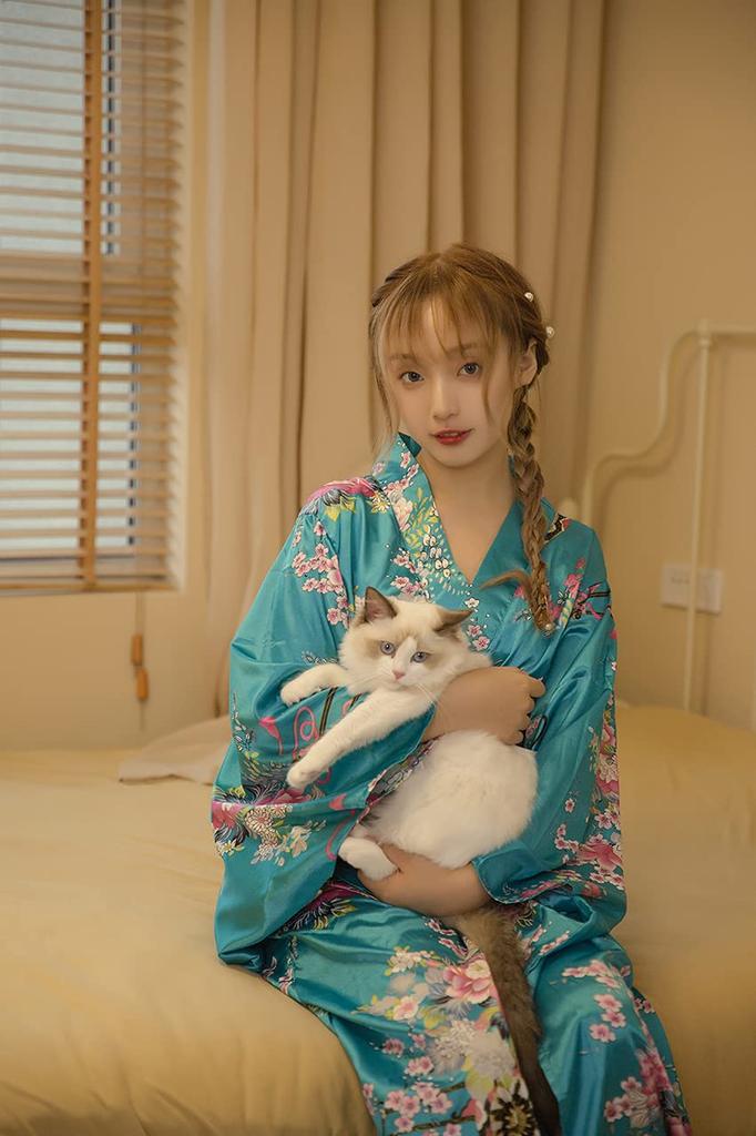 Joel Kimono Robe Dress Floral Pattern Courtesan Costume Satin Yukata Long Length Bathrobe Pajamas Night Dress Summer Festival Dancewear with Belt