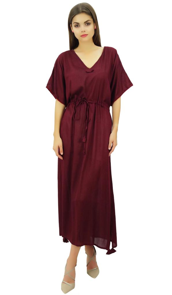 Bimba Women's Maxi Rayon Dress With Drawstring Waist & Short Kimono Sleeve