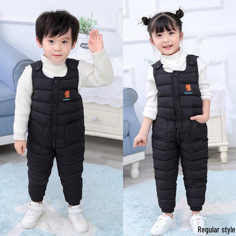 2026 Winter Unisex Baby Overalls, Down Cotton Fleece Lined, Thickened Open Crotch One-Piece Pants