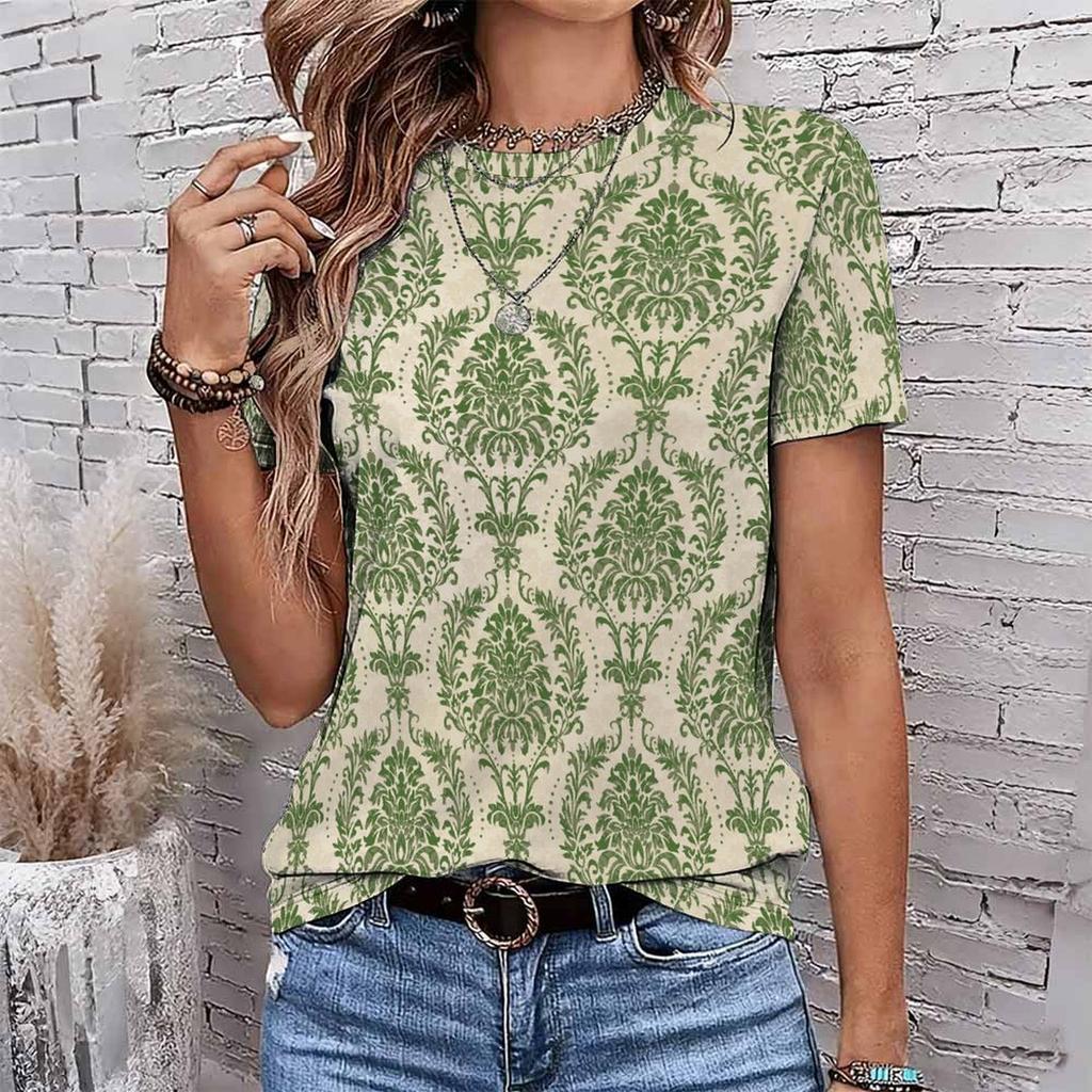 Fashion Women Retro Geometry and Leopard Pattern Patterns Print T Shirt Funny Casual O-neck Short Sleeves T-shirt Summer Female Tee Shirt