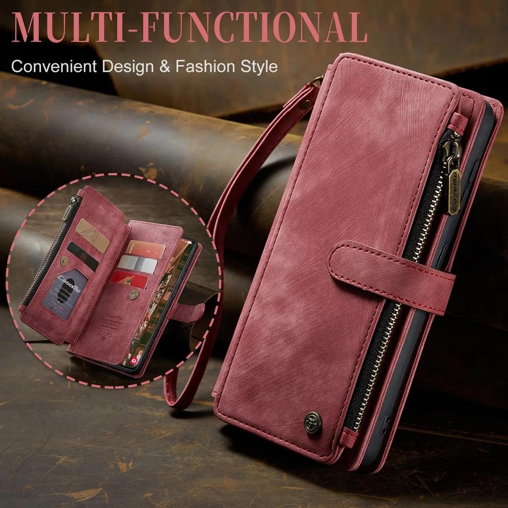 Leather Zipper Purse Phone Case for iPhone 17 Air 16E 16 15 14 12 13 11 Pro Max XS XR 8 7 Plus Flip Card Lanyard Wallet Cover