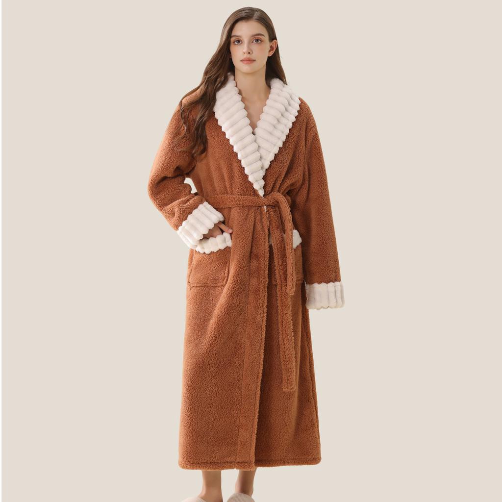 Women's Autumn and Winter Long Bathrobe Plus Velvet Thick Warm Home Wear