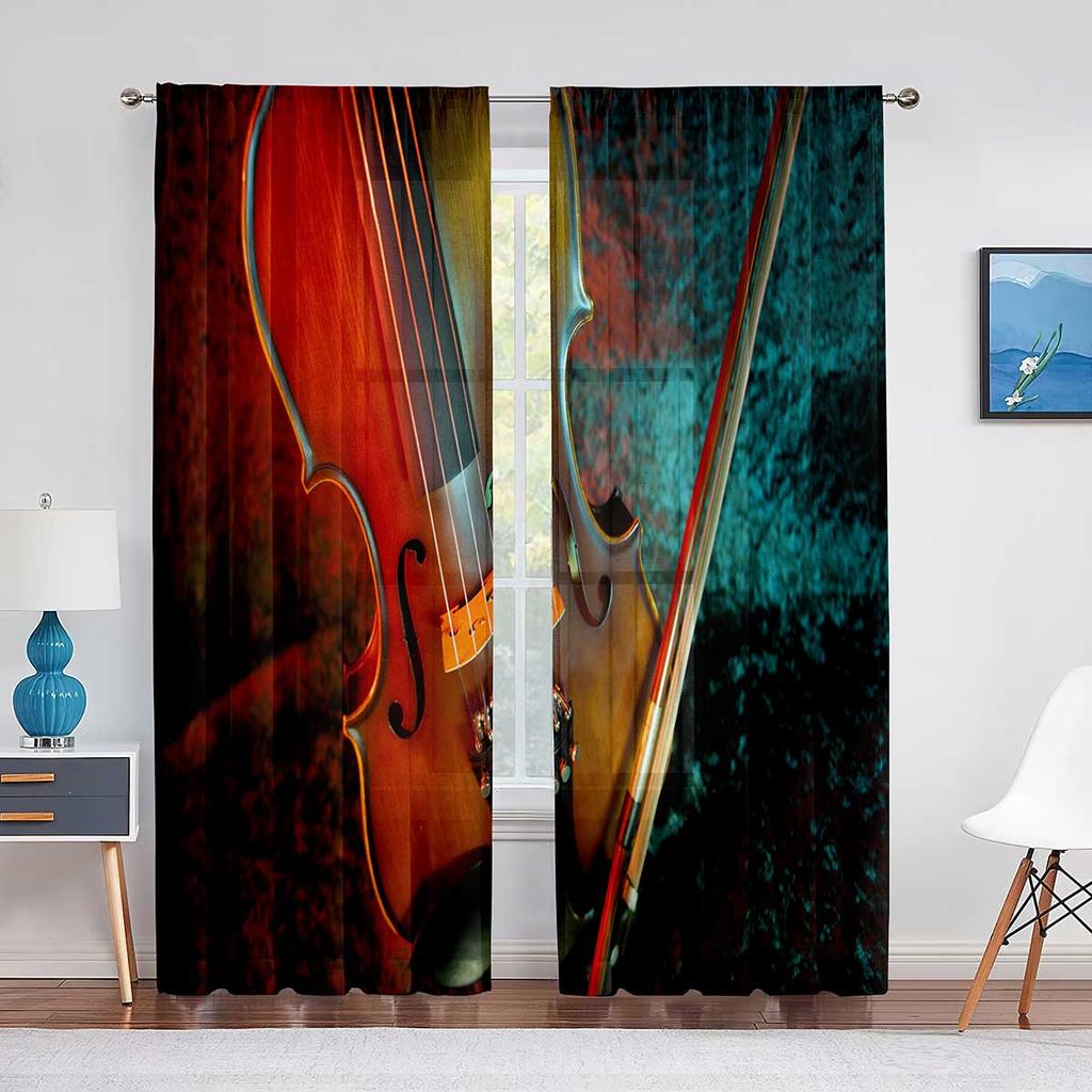 Röd Ros Blommig Kaffe Violin Skir Voile Gardin för Vardagsrum för Fönsterpersienner Sovrum Draperi Kök Hall Tyllgardiner