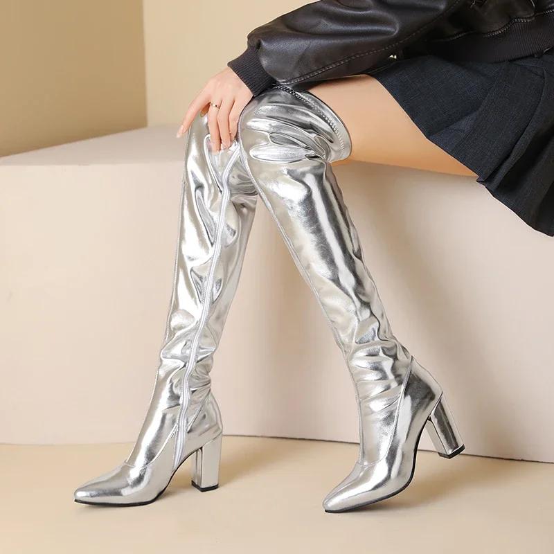 Gold Women Thigh High Boots Silver Metallic PU High Chunky Heels Club Party Lady Plush Zipper Autumn Winter Over The Knee Boots