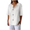 New Summer Women'S Loose V-Neck Short Sleeve Button Up Cotton Linen T-Shirt, Elegant Fashion Solid Color Casual Top