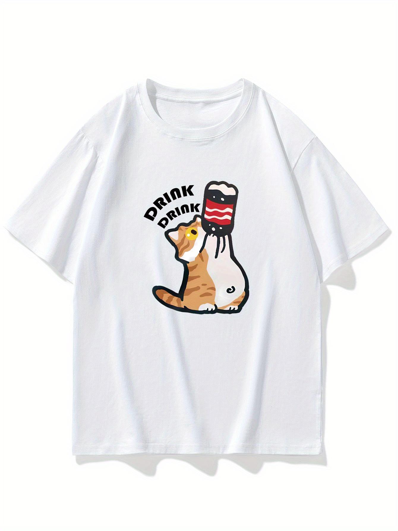Funny Drink Drink Cat Graphic TShirt Women Retro Ginger Kitten Coffee Print Tee Harajuku Short Sleeve Casual Streetwear Top S