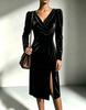 Women's Velvet V Neck Draped Puff Sleeve Bodycon Midi Dress with Slit Solid Color Elegant Dress