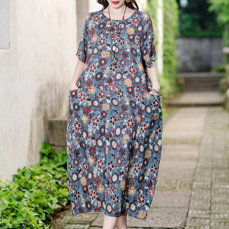 Vintage potisk Dlouhé šaty pro ženy Nadměrná velikost Volný Krátký rukáv Móda Elegantní Dámské šaty Letní Vintage oblečení