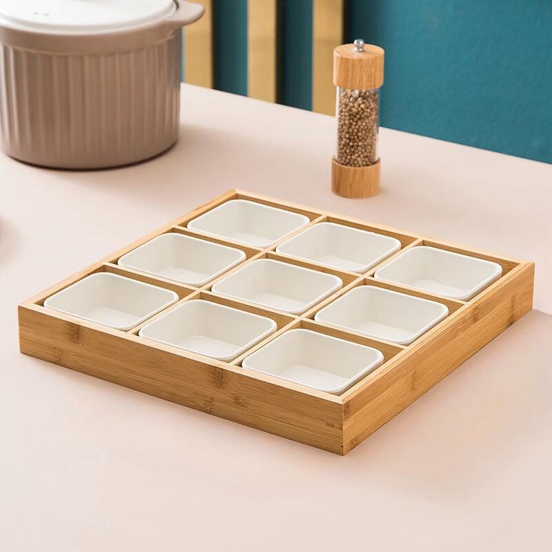 ZISIZ Bamboo Divided Serving Platter with 9 Ceramic Dishes