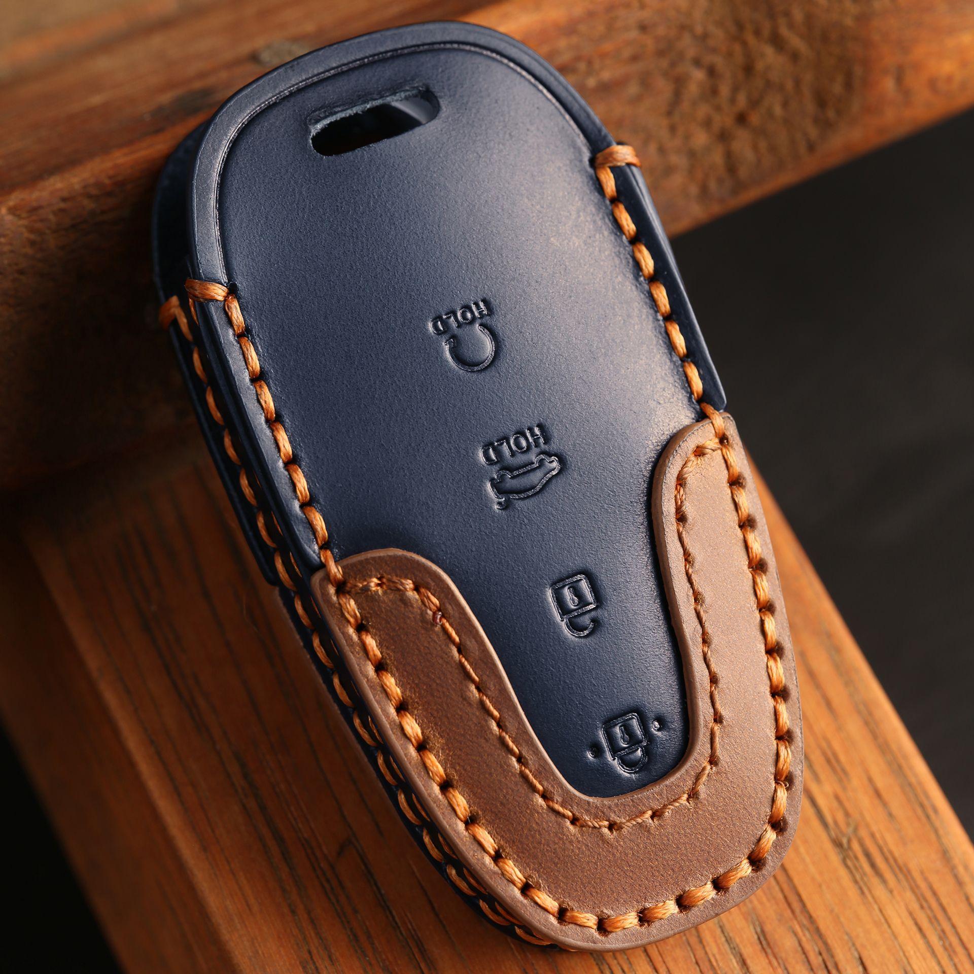 

Customized for Beijing Hyundai car key cover, pure hand-stitched leather, high-end key bag, shell ring. синій