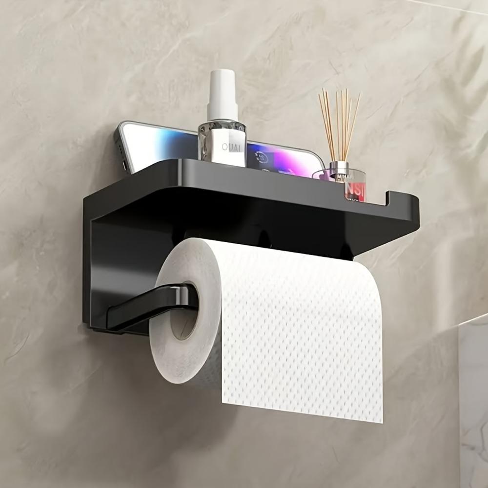 1pc Modern Self-Adhesive Plastic Toilet Paper Holder with Shelf, Wall Mounted No-Drill Tissue Roll Dispenser with Storage for Bathroom Accessories