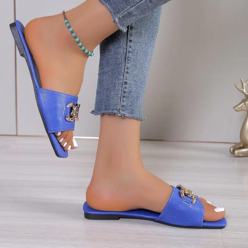 Fashion 2024 Hot Sale Shoes for Women Summer Women's Slippers Square Toe Solid Metal Decoration Open Toe Large Size Beach Slippers Women