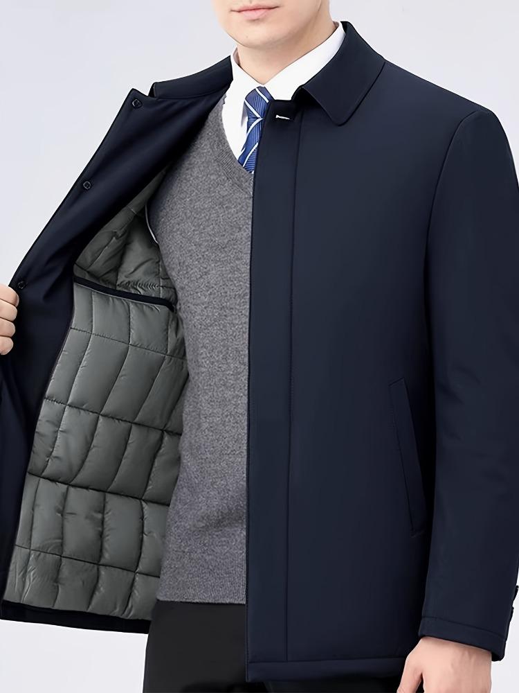 Hochwertige, einfarbige, lässige Herbst-/Winterjacke für Herren, nicht dehnbarer Polyesterstoff, normale Passform, mit dickem Futter und gewebtem Reverskragen
