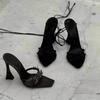 2025 Summer New Square Toe Cross Diamond High Heels Fashionable Ladies Black Satin Stiletto Sandals Sexy Ladieshigh Heel Sandals