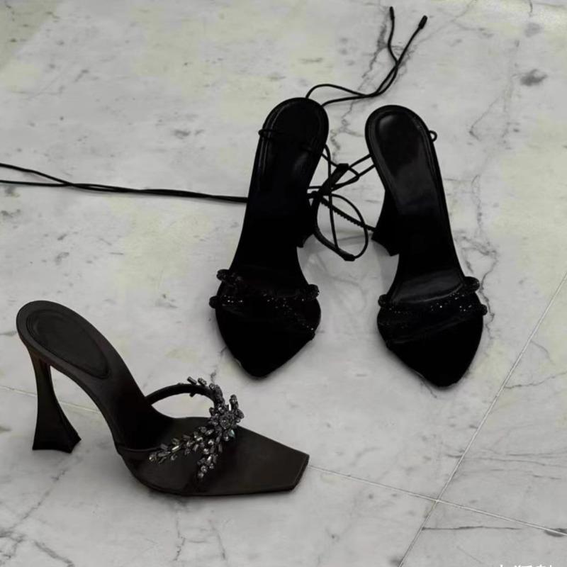 2025 Summer New Square Toe Cross Diamond High Heels Fashionable Ladies Black Satin Stiletto Sandals Sexy Ladieshigh Heel Sandals