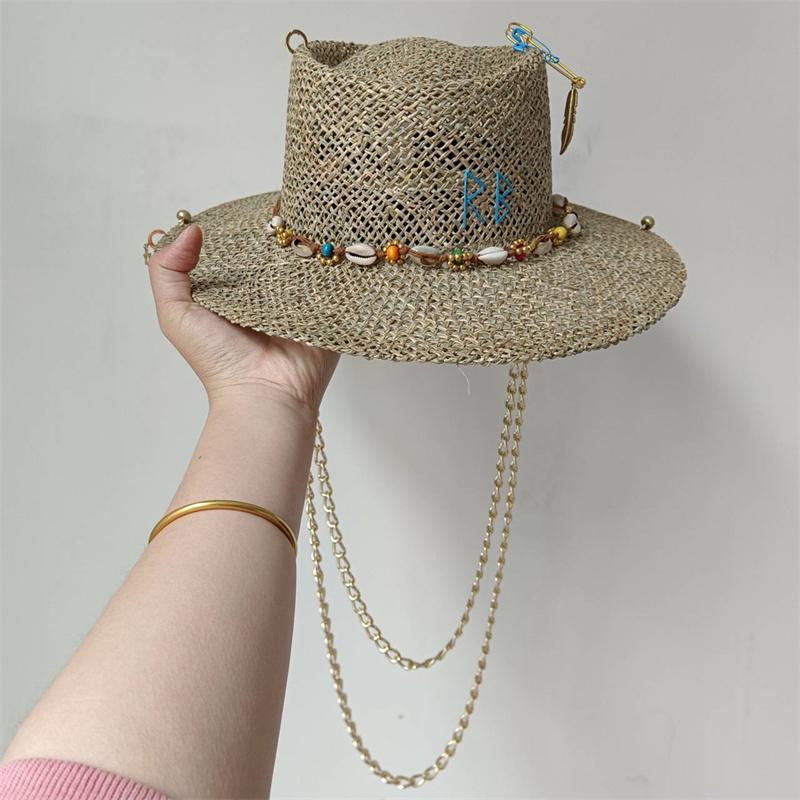 Beach Hat Punk Pearl Chain DIY Concave Crown Sun Hat New Korean Letter Hat Beach Hat Men's and Women's Punk Hat Candy Color Sun