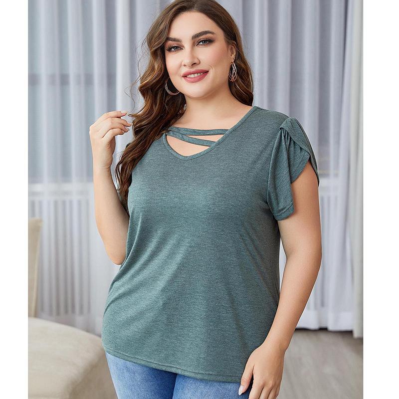 Женская летняя однотонная футболка с v-образным вырезом и коротким рукавом — фото 4