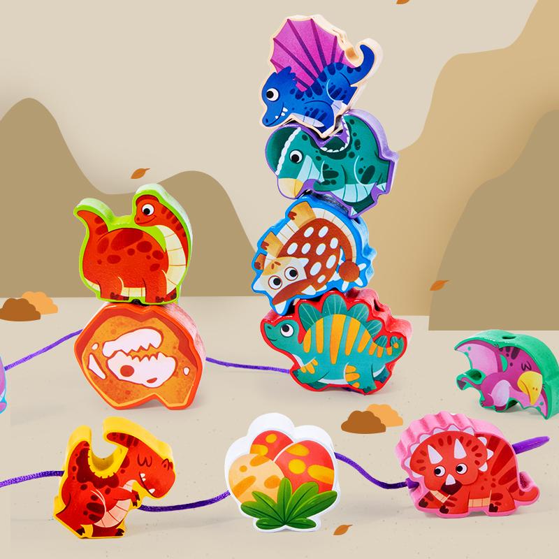 Monterssori Baby DIY Wooden Toys Cartoon Fruit Animal Stringing Threading Wooden Beads Educational Toys for Kids Christmas Gift