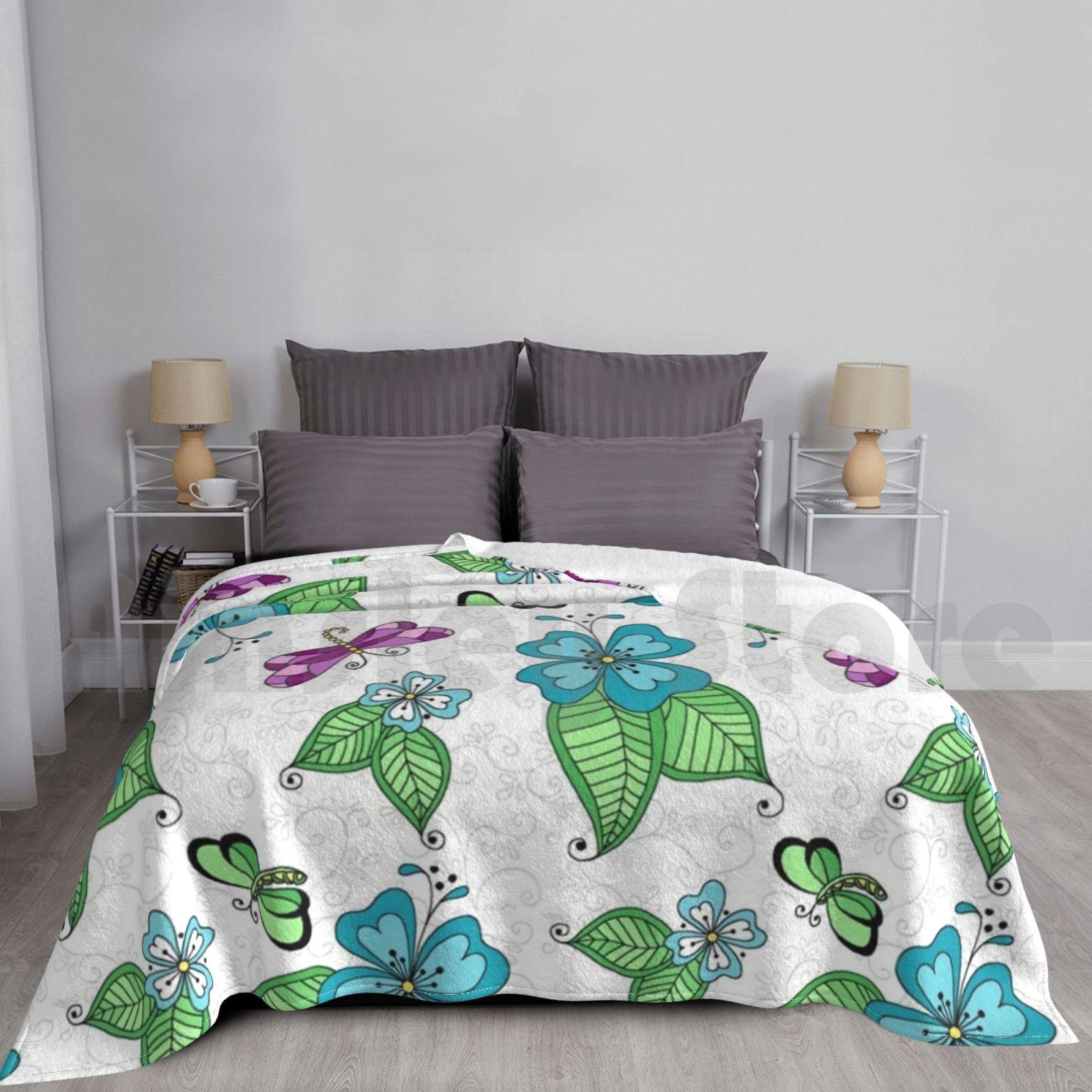 Dragonfly White Blanket Fashion Custom Dragonfly Flower Kristin Omdahl Size: 75*100cm, Weight: 230 GSM