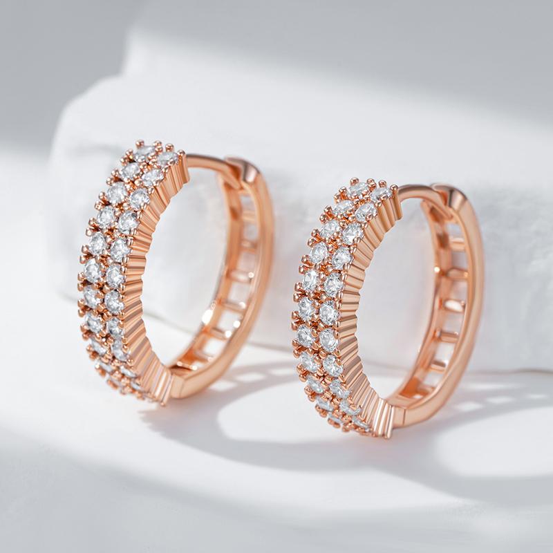 Rose Color Trendy Gold Hoop Earrings For Women Full Shiny Natural Zircon Accessories Vintage Bride Wedding Jewelry