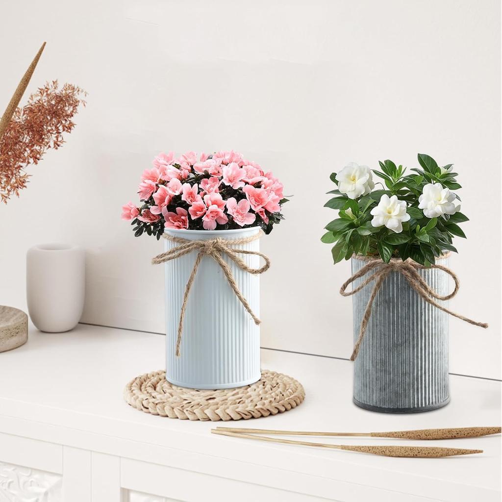 12 Stück Blech-Blumentöpfe, Vintage-Blumenvase mit Juteschleife, Hohe Bauernhaus-Vasen-Deko, Rustikale verzinkte Metallvasen, Französische Blumenkübel-Vasen