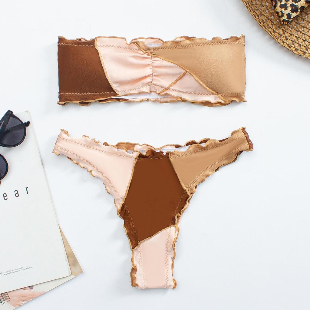Dam axelbandslös Patchwork Tvådelad Bikini Set Split Triangle Baddräkt Badkläder