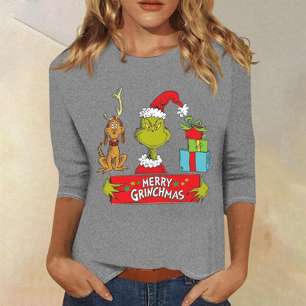 3/4 Sleeve Tops For Women T-Shirt Casual Christmas Print Tops T Shirt Round Neck Pullover Blouse