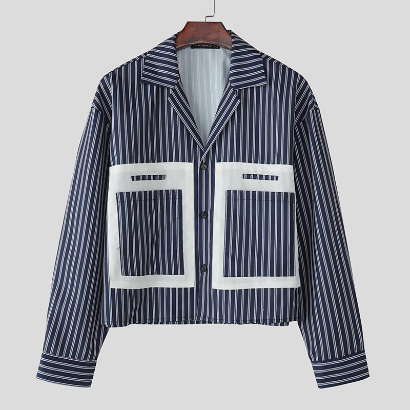 

INCERUN Oversized Men Long Sleeve Striped Print Shirts Casual Loose Button Tops XL синий