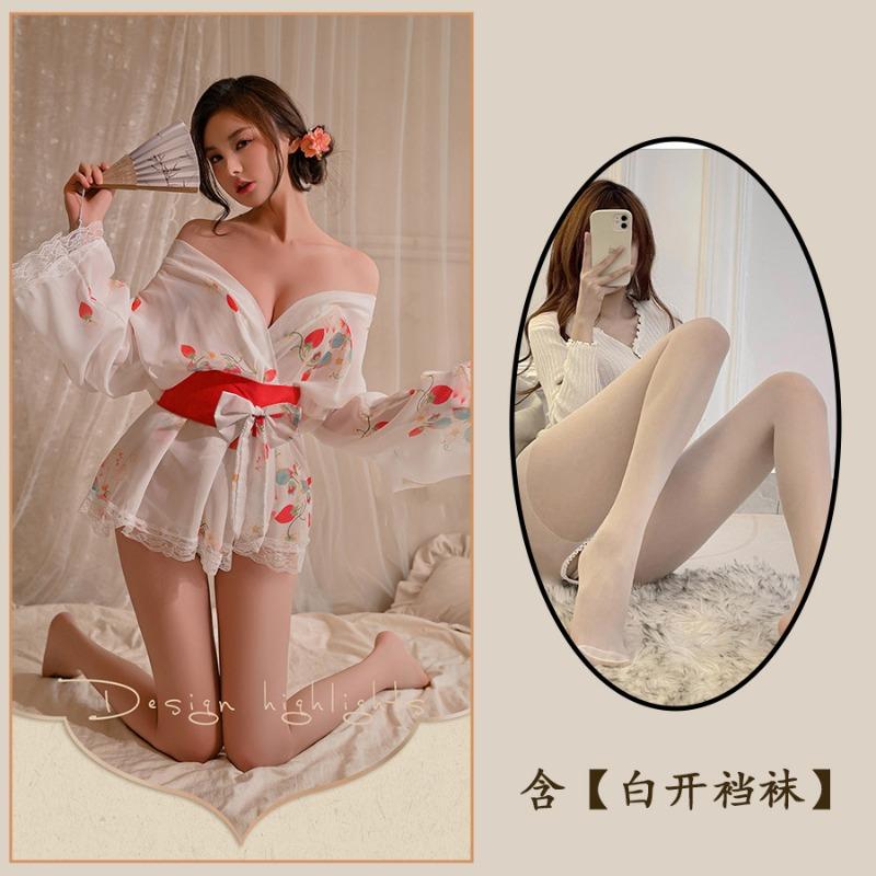 Sexy Perspective Small Chest Kimono Pure Desire Style Nightdress Bathrobe Bow Pajamas Cherry Blossom Girl Suit