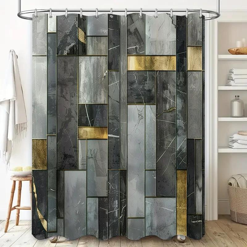 Modern Marble Pattern Shower Curtain with Brass Accents Perfect for Bathroom Decor