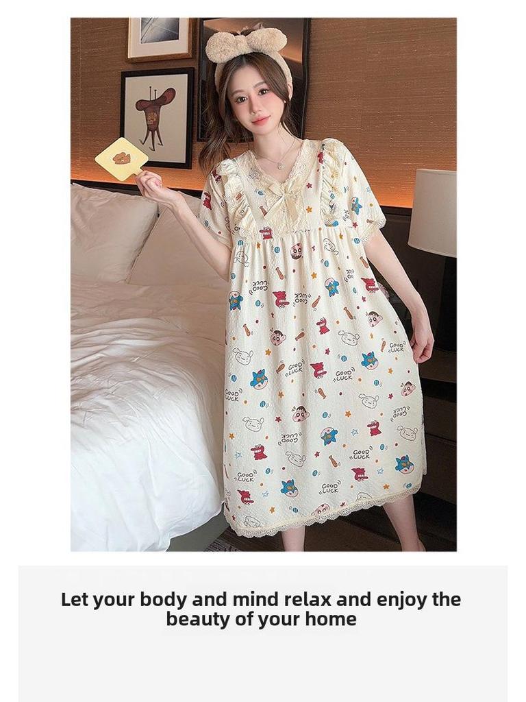 Słodka, letnia koszula nocna w stylu księżniczki z kreskówek, duży rozmiar, krótki rękaw, średnia długość