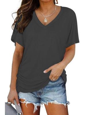 Women Casual Short Sleeve Solid Color V Neck T Shirt Summer Top Clothing